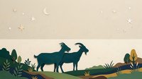 Silhouette of two goats standing in pastoral landscape with plants and crescent moon, stars above on beige background. Isolated design element for t-shirts, posters, clipart.