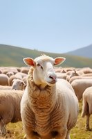 Close-up portrait of white sheep with thick wool standing in mountain pasture among flock, looking at camera with curious expression against blurred background.