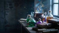 Mystical alchemy laboratory with glowing potions, ancient books and magical brewing cauldron creating enchanting atmosphere for fantasy storytelling.