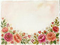 Watercolor floral border with roses, peonies, and botanical elements in coral, pink, and gold tones on aged cream background. Perfect for wedding invitations, greeting cards, scrapbooking, and stationery design projects.