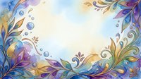 Watercolor ornamental flourishes in gold, purple, and blue tones with floating bubbles frame a light center space, suitable for backgrounds, invitations, and design templates.