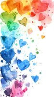 Rainbow colored watercolor hearts with splashes and dots flowing vertically on white background, creating romantic and festive atmosphere for valentines designs.