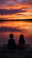 Two children sitting on wooden dock watching dramatic sunset over calm lake with vibrant orange and purple sky reflections on water surface.