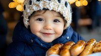 Adorable toddler boy in knitted animal hat enjoying fresh baked bread rolls at cozy bakery cafe with warm bokeh lights creating festive atmosphere.