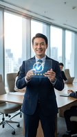 Asian businessman in navy suit holding digital checkmark with five stars in modern office conference room representing quality assurance and customer satisfaction.