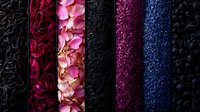 Vertical stripes of contrasting textures featuring dark fabric, delicate pink flower petals, glitter, and shimmering materials create dramatic pattern for luxury design backgrounds.