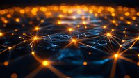Abstract network visualization with glowing orange light points connected by blue lines against dark background, representing digital connectivity and data flow.