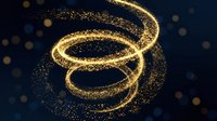 Golden spiral made of glowing particles and sparkles swirling on dark blue background with bokeh lights, suitable for luxury, celebration, and abstract design projects.