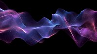 Ethereal flowing waves of purple and blue light with glowing particles create mesmerizing abstract pattern against dark background, cosmic energy visualization.