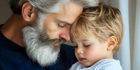 Tender moment between mature bearded man with gray hair and sleeping toddler boy with blonde hair, showing close emotional bond and care. Family love concept.