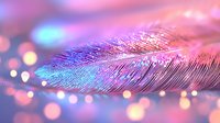 Delicate feather macro with pink and blue bokeh lights creating dreamy atmosphere. Soft focus close-up shows intricate barbs and ethereal glow for romantic designs.