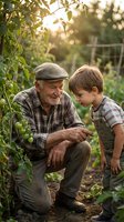 Elderly grandfather teaching young grandson about tomato gardening in backyard vegetable garden during golden hour sunset light creating warm family bonding moment.