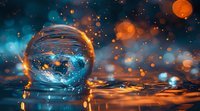 Crystal ball on reflective surface with magical orange and blue bokeh lights creating mystical atmosphere against dark background with glowing orbs.