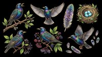 Iridescent starling birds clipart set with feathers, nest, eggs, and berries, isolated on transparent background. Ready for t-shirt design, stickers, print on demand.