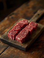 Raw beef steaks on wooden cutting board ready for grilling, cooking preparation in rustic kitchen setting for culinary and food photography.