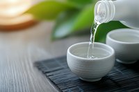 Clear sake being poured from ceramic bottle into traditional cup on bamboo mat with green leaves creating serene Japanese drinking ritual atmosphere.