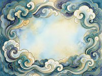 Ornate cloud frame with swirling decorative border in blue and gold tones creates elegant space for text or design elements on light background.