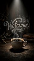Steaming coffee cup on rustic wooden table with smoke forming the word Welcome, dark moody atmosphere with vintage books and dried herbs.