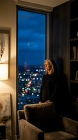 Blonde woman in black dress standing by floor-to-ceiling window overlooking city lights at night in luxury apartment with modern interior design.