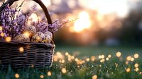 Easter basket with decorated eggs and spring flowers in wicker basket on grass at sunset, magical bokeh lights creating dreamy atmosphere in nature.
