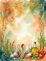 Watercolor cooking frame with fresh vegetables, herbs, kitchen utensils, and ornate gold borders on aged paper background. Suitable for recipe cards, culinary blogs, and food-related designs.
