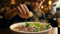 Chef squeezing fresh lime juice over steaming Asian noodle soup with meat and herbs in restaurant kitchen setting with warm lighting.