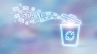 Spam emails and messages flowing into glowing trash bin icon against blurred digital network background with connected nodes, representing email filtering and junk mail removal for cybersecurity.