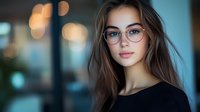 Young Caucasian woman with long brown hair wearing glasses and black top against blurred bokeh background, soft natural lighting creates dreamy atmosphere.