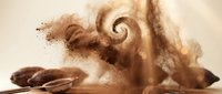 Cocoa powder exploding in dynamic cloud burst with scattered cocoa beans on neutral surface, capturing motion and texture for culinary and food styling projects.