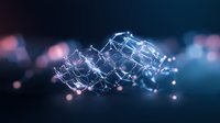 Glowing network connections with luminous nodes floating in dark space against blurred bokeh background create futuristic technological concept.