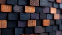 Geometric pattern of wooden blocks in black and copper tones creating dimensional wall texture, abstract architectural background for modern interior design.