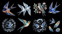 Swallow bird clipart set with eight decorative elements, isolated on transparent background, ready for stickers, t-shirt design, print on demand, and sublimation crafts.