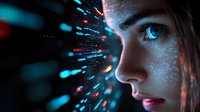 Young woman profile with glowing blue digital particles effect, dramatic lighting and futuristic cyberpunk atmosphere against dark background. Technology concept.