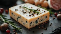 Piece of blue cheese with fresh rosemary sprigs and scattered peppercorns on dark slate board, macro food photography with soft natural lighting.