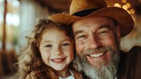 Caucasian father with gray beard wearing cowboy hat shares joyful moment with curly-haired young daughter, both smiling warmly in golden ambient lighting.
