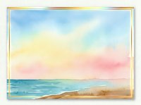 Serene coastal landscape with soft watercolor sunset, golden sandy beach, calm ocean waves, and pastel sky in pink and blue tones for relaxation and nature designs.