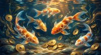 Koi fish swimming in water with golden coins, feng shui prosperity symbol for wealth and fortune, Asian cultural art concept for meditation and luck decoration.