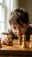 Young boy with glasses concentrating on chess game, strategic thinking and intellectual development in cozy indoor setting.