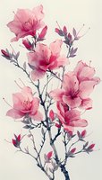 Delicate pink azalea flowers with gray branches on light background, watercolor style botanical illustration for wall art, textile and surface design.