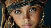 Young woman with striking green eyes wearing ornate golden headwrap and jewelry, portrait with dramatic lighting showcasing cultural fashion and beauty.