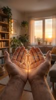 Hands holding glowing human figure in warm home interior with plants and natural light, representing wellness, healing, protection, and spiritual energy for healthcare and mindfulness concepts.