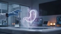 Medical professional examining holographic stomach model in modern healthcare facility for digestive system analysis and gastroenterology research.