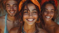 Diverse young friends with dreadlocks and boho style accessories smiling together, warm sunset lighting creates joyful summer mood. For lifestyle and friendship concepts.