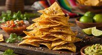 Golden crispy tortilla chips stacked in pyramid shape with fresh salsa, guacamole and lime on rustic wooden table for Mexican cuisine and snack preparation.
