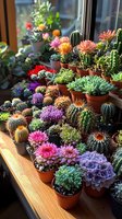 Diverse collection of colorful succulent plants and flowering cacti in terracotta pots arranged on wooden windowsill, creating vibrant indoor garden display.