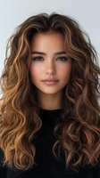Young Asian woman with long wavy brown hair and natural makeup wearing black sweater, looking directly at camera with confident expression. Professional beauty portrait.