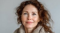 Confident middle-aged woman with natural curly red hair and blue eyes smiling gently against neutral gray background. Wearing cozy beige knit scarf.