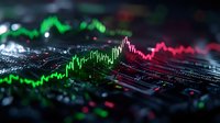 Digital financial data visualization with glowing green and red trading charts on dark background for market analysis and investment presentations.