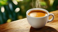 Fresh espresso in white ceramic cup on wooden surface with blurred green natural background creating cozy morning atmosphere.