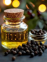 Glass bottle with essential oil and black peppercorns on dark background with golden bokeh lights, aromatic spices and natural ingredients for cooking.